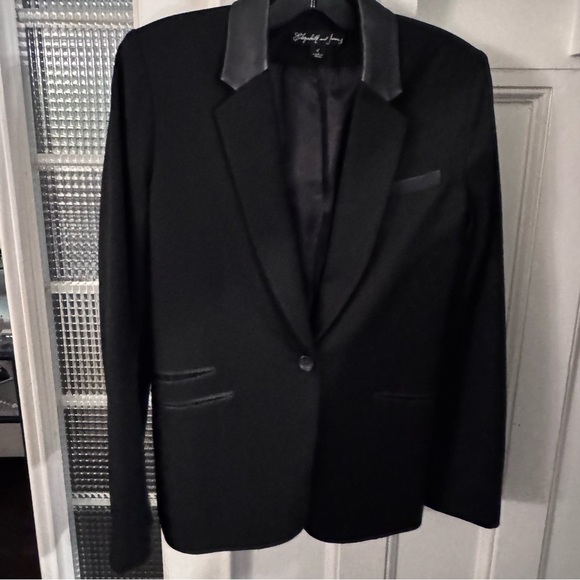Elizabeth and James REVOLVE Women’s Black Blazer W/ Lamb Leather Trim Sz 4 - Picture 2 of 14